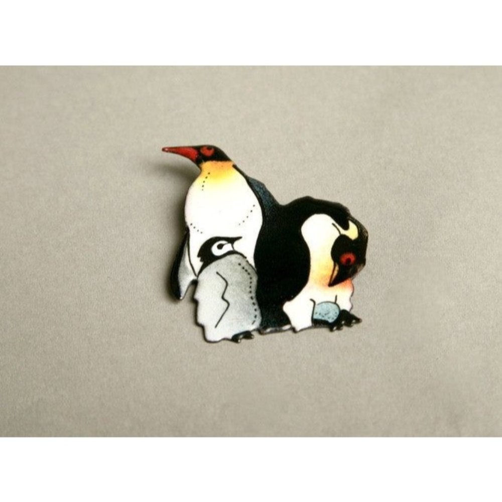 Penguin Family Brooch Figural Pin Artist Signed 1996 Handmade Vintage Jewelry